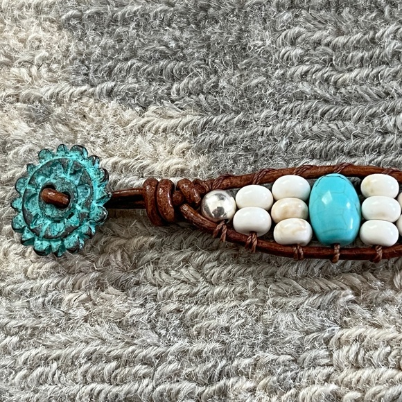 Unisex Leather, Turquoise and sterling silver wrap bracelet. 7" - 8.25 - Picture 3 of 6